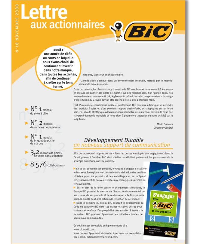 BIC Lettre aux actionnaires 2008