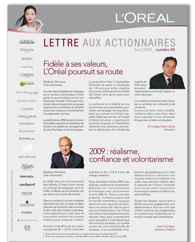 L'Oréal Lettre aux actionnaires 2008